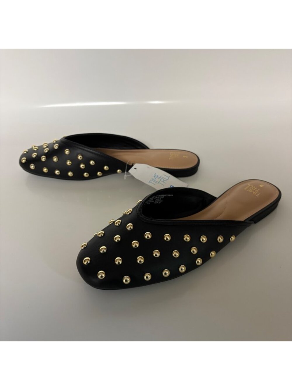 Time and Tru Studded Mules Womens Size 9 Black Gold Slip On Flat Shoes NEW